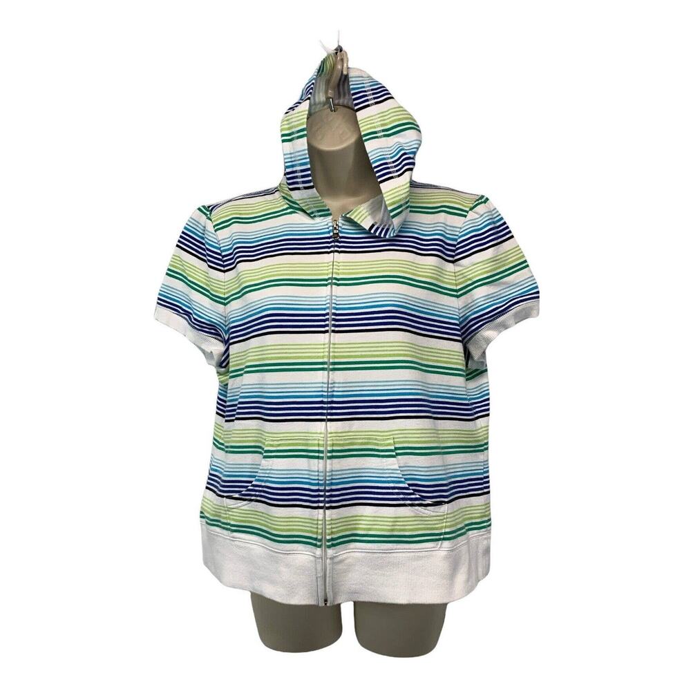 SJB Active Womens Short Sleeve Hoodie Top Size Large Striped Full Zip